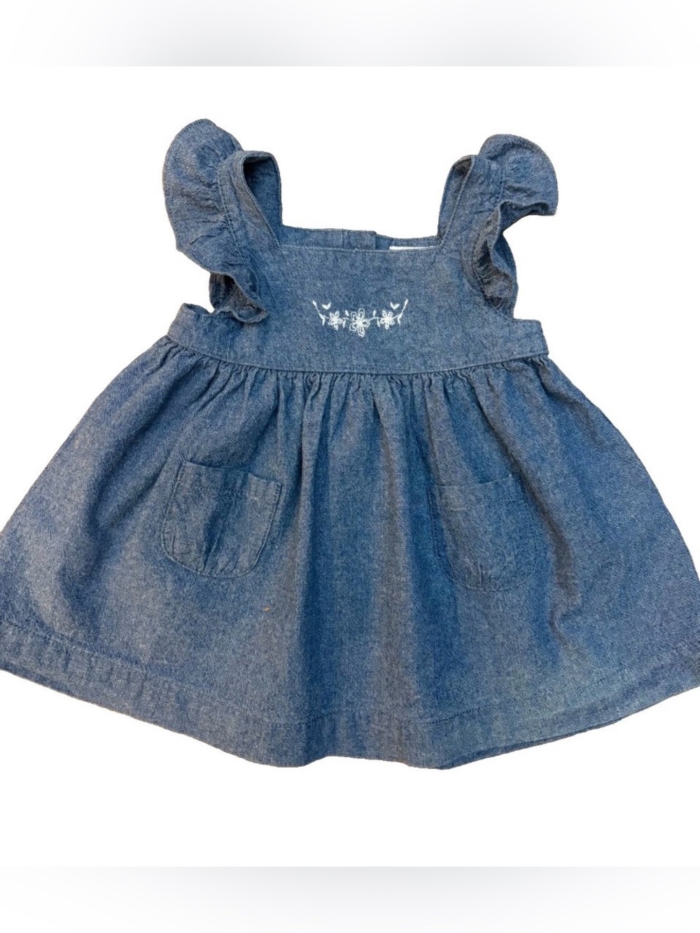 Y2K Vintage Chaps Baby Denim Dress 3M Blue Floral Ruffle Sleeves Pinafore EUC